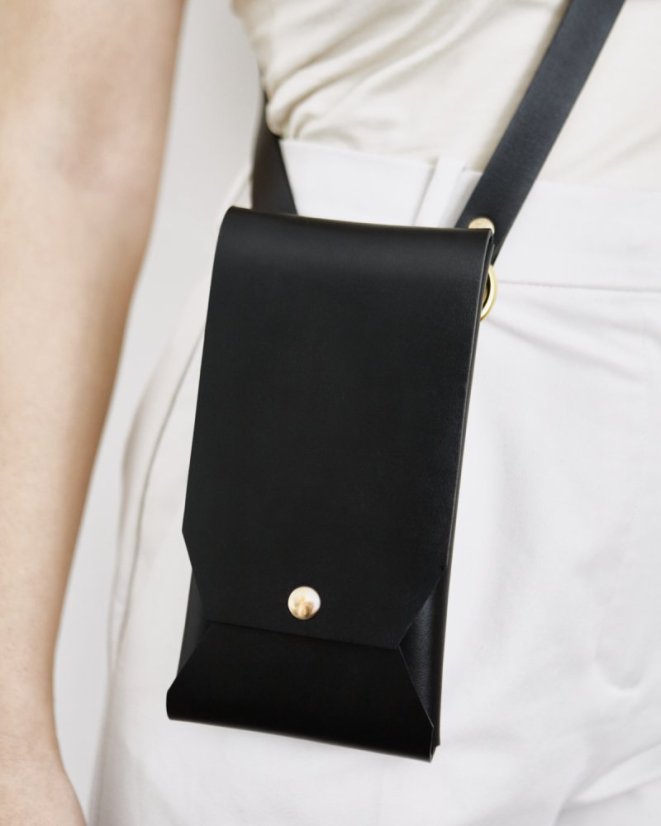 Set | Two Pouches With Crossbody Strap  | Black With Gold Hardware