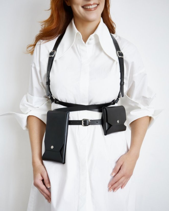 Set | Harness ATHENA With Two Pouches | Black With Silver Hardware