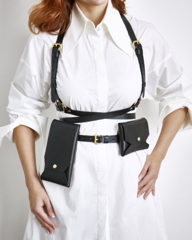 Set | Harness ARTEMIS With Two Pouches | Black With Gold Hardware