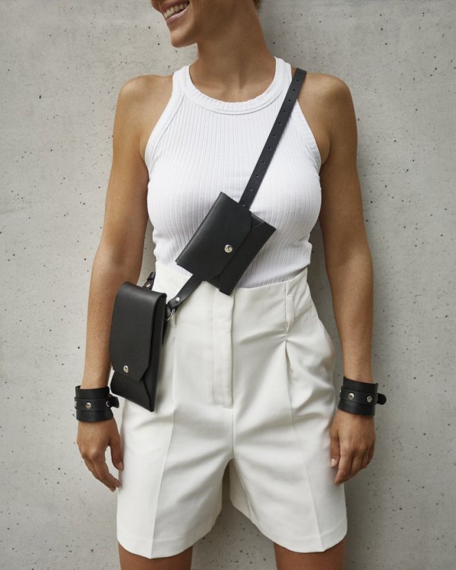 Set | Dve taštičky s crossbody popruhom | Čierne so strieborným kovaním