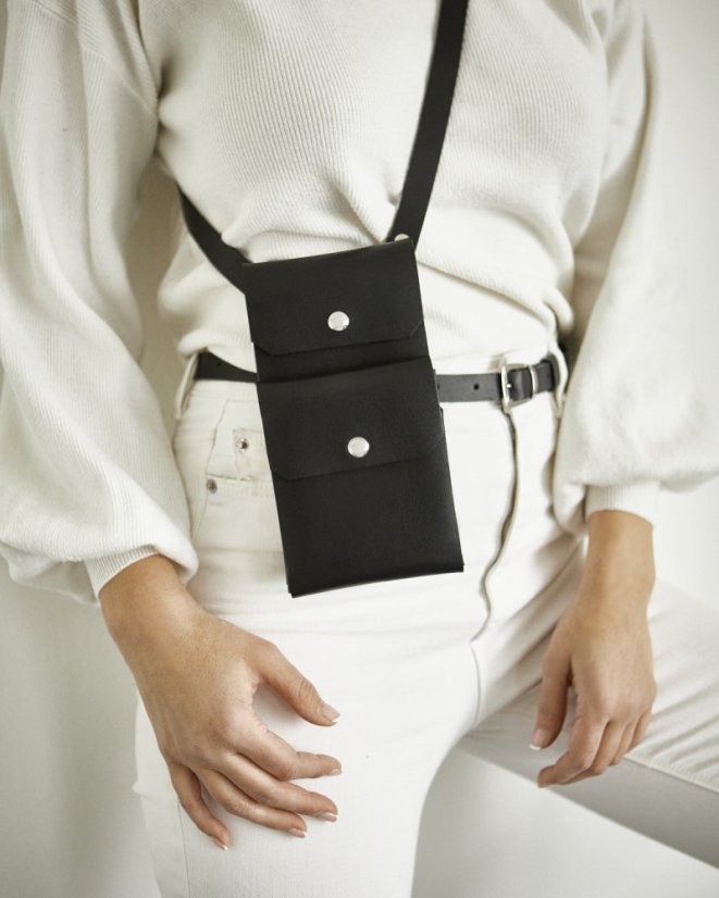 Dvojitá taštička s crossbody popruhom | Čierna - Kovanie: Zlaté