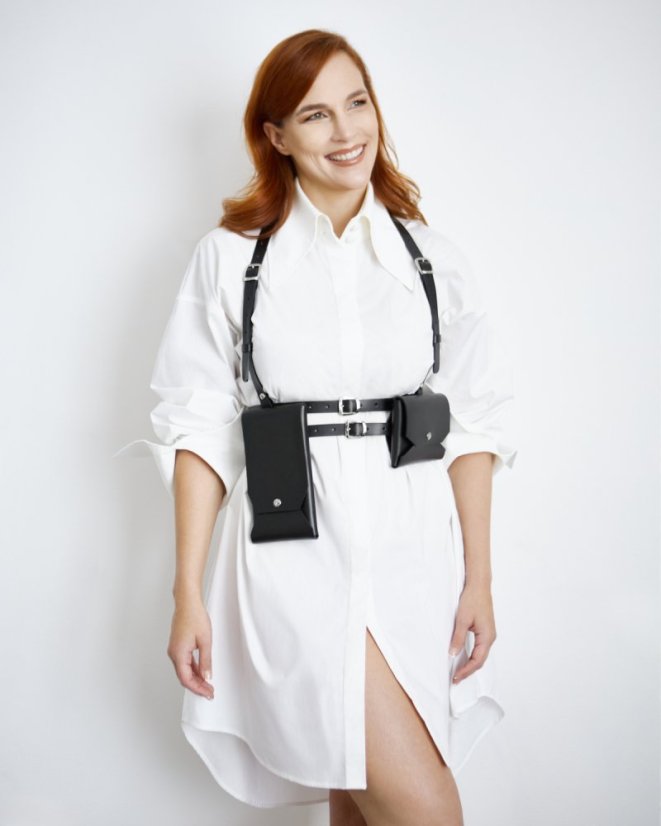 Set | Harness ATHENA With Two Pouches | Black With Silver Hardware