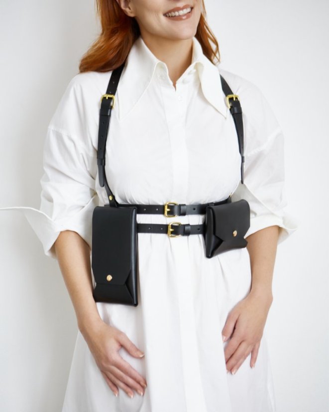 Set | Harness ATHENA With Two Pouches | Black With Gold Hardware