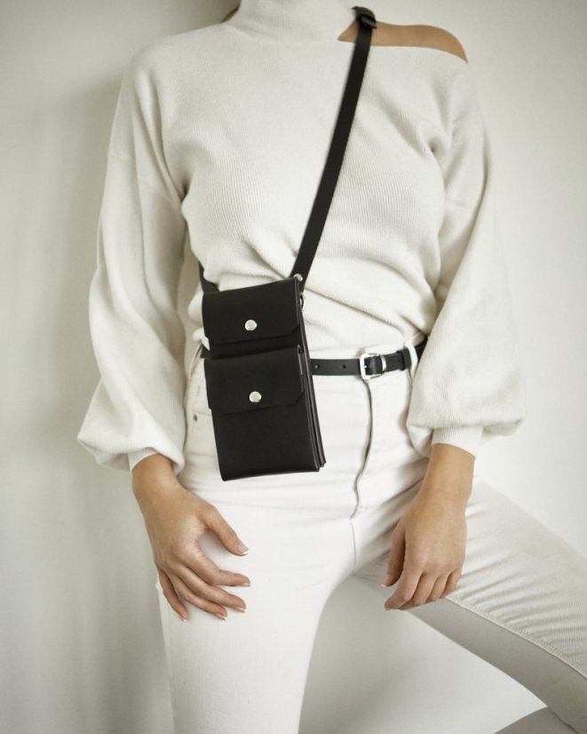 Dvojitá taštička s crossbody popruhom | Čierna - Kovanie: Zlaté