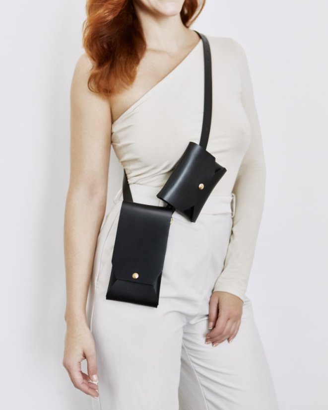 Set | Two Pouches With Crossbody Strap  | Black With Gold Hardware