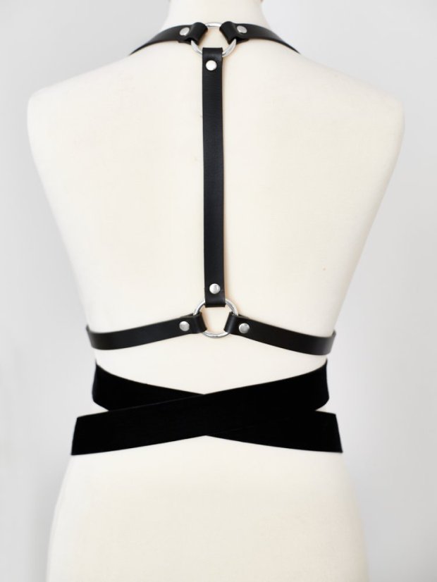 Harness With Velvet Ribbon DIANA | Black With Silver Hardware