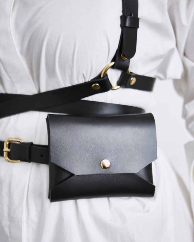 Set | Harness ARTEMIS With Two Pouches | Black With Gold Hardware