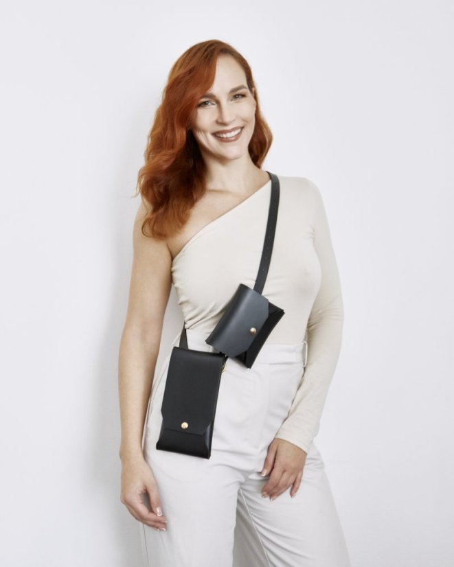Set | Two Pouches With Crossbody Strap  | Black With Gold Hardware